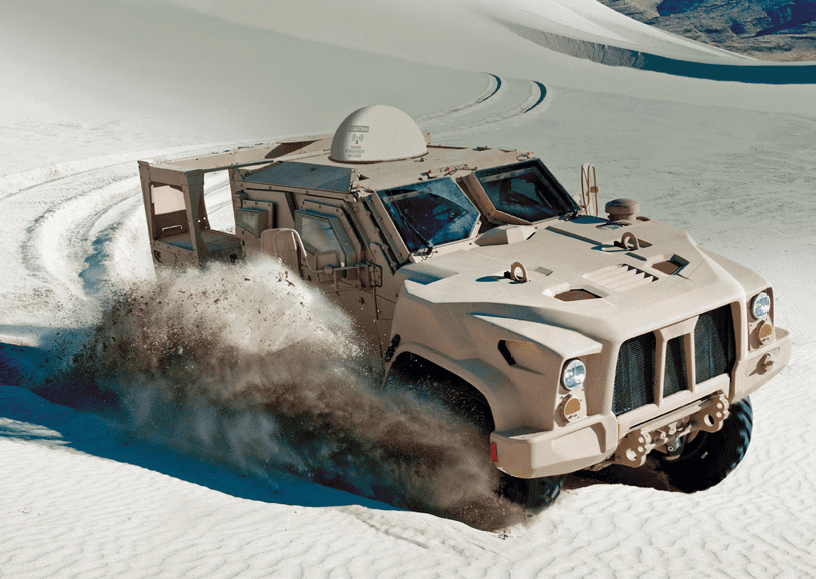 Close up of a Humvee moving across the sand